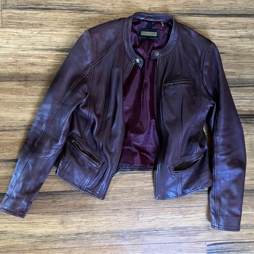 Black Rivet leather jacket, size L 12-14 women’s, color burgundy-brown